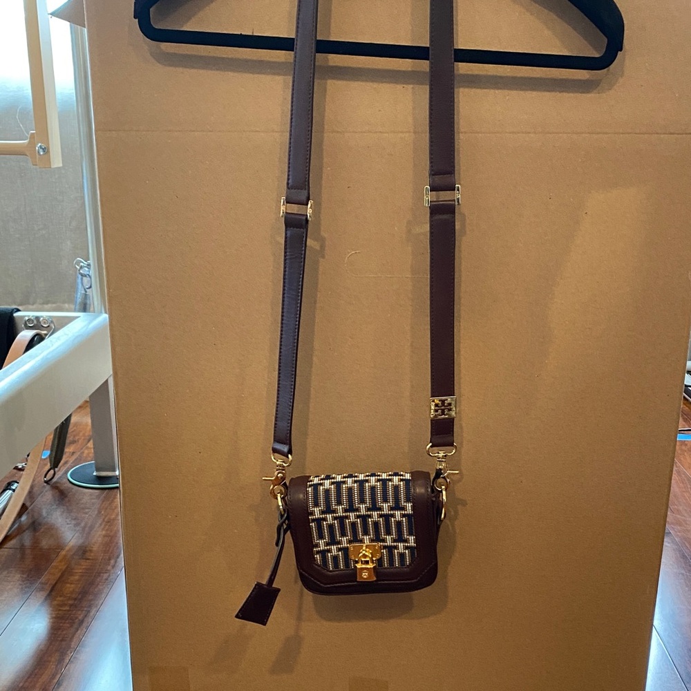 Authentic Tory Burch Navy and Brown Crossbody Saddle Bag with Patterned Flap